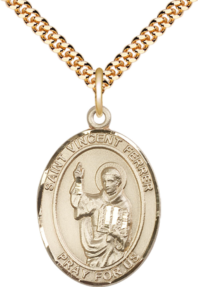 14kt Gold Filled Saint Vincent Ferrer Pendant on a 24 inch Gold Plate Heavy Curb chain