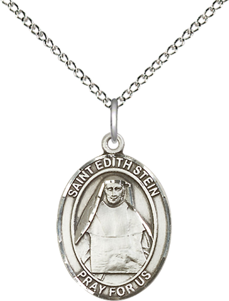 Sterling Silver Saint Edith Stein Pendant on a 18 inch Sterling Silver Light Curb chain