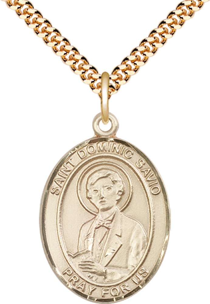 14kt Gold Filled Saint Dominic Savio Pendant on a 24 inch Gold Plate Heavy Curb chain