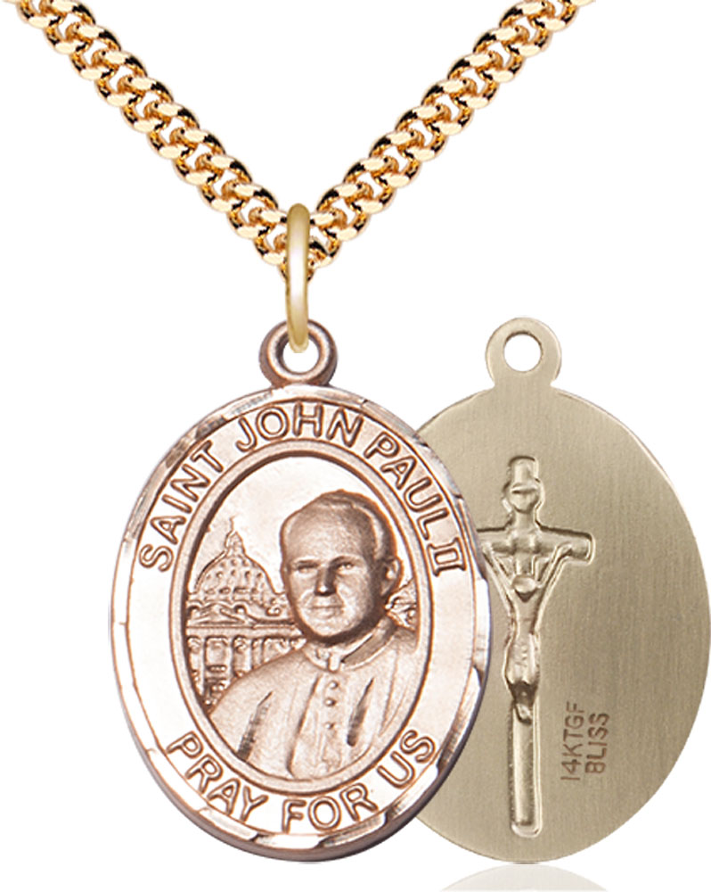 14kt Gold Filled Saint John Paul II Pendant on a 24 inch Gold Plate Heavy Curb chain