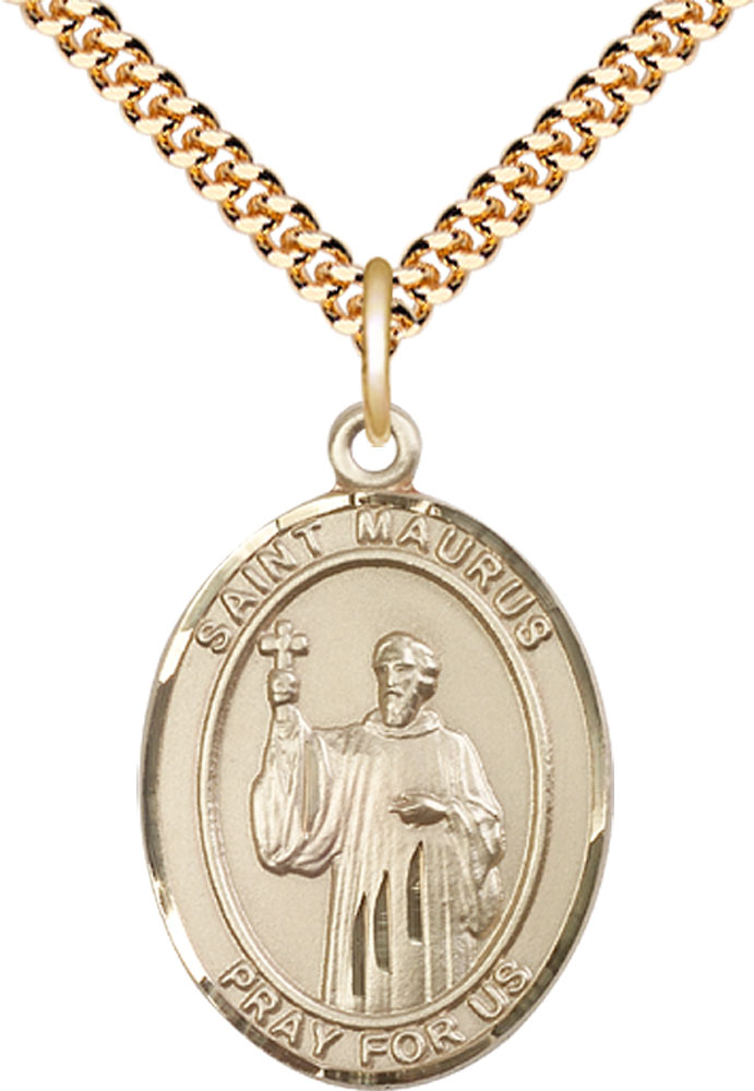 14kt Gold Filled Saint Maurus Pendant on a 24 inch Gold Plate Heavy Curb chain