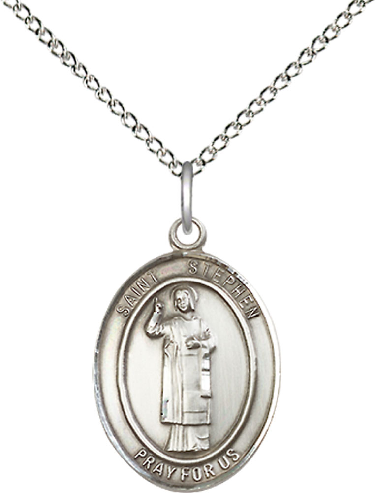 Sterling Silver Saint Stephen the Martyr Pendant on a 18 inch Sterling Silver Light Curb chain