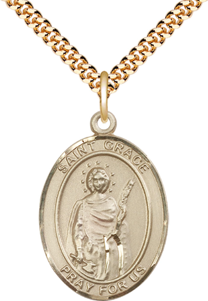 14kt Gold Filled Saint Grace Pendant on a 24 inch Gold Plate Heavy Curb chain