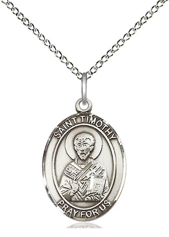 Sterling Silver Saint Timothy Pendant on a 18 inch Sterling Silver Light Curb chain