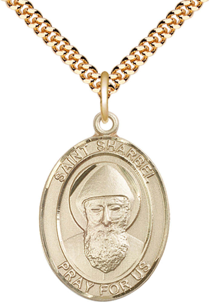 14kt Gold Filled Saint Sharbel Pendant on a 24 inch Gold Plate Heavy Curb chain