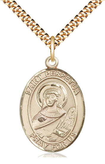 14kt Gold Filled Saint Perpetua Pendant on a 24 inch Gold Plate Heavy Curb chain