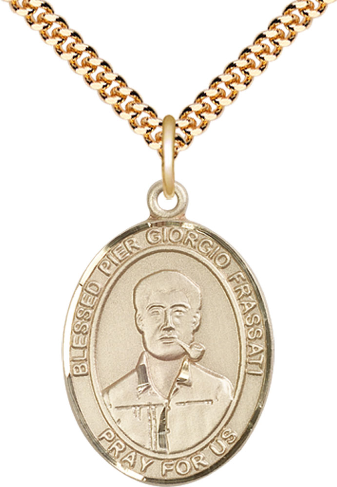 14kt Gold Filled Blessed Pier Giorgio Frassati Pendant on a 24 inch Gold Plate Heavy Curb chain