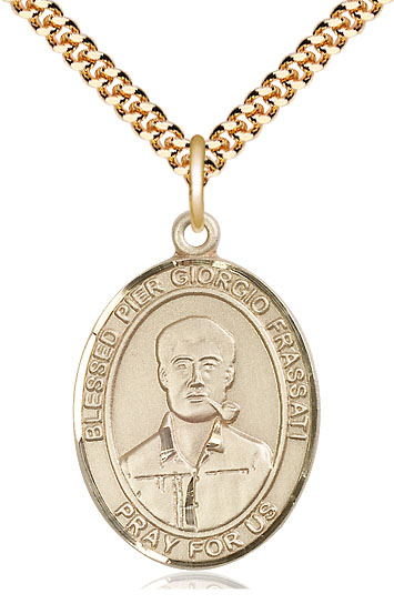 14kt Gold Filled Blessed Pier Giorgio Frassati Pendant on a 24 inch Gold Plate Heavy Curb chain