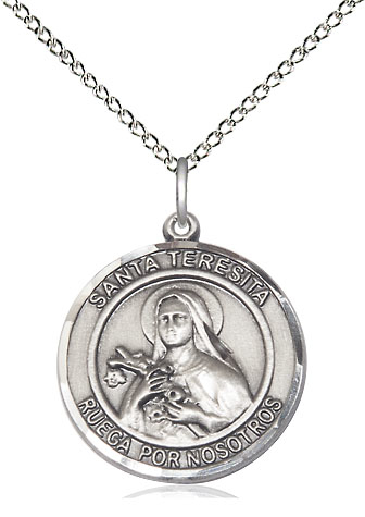 Sterling Silver Santa Teresita Pendant on a 18 inch Sterling Silver Light Curb chain