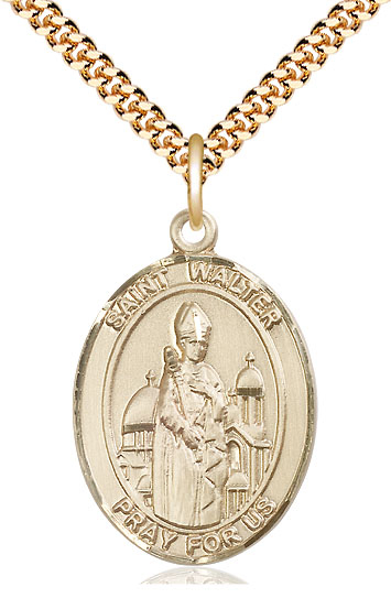 14kt Gold Filled Saint Walter of Pontnoise Pendant on a 24 inch Gold Plate Heavy Curb chain