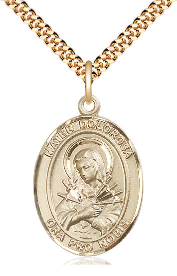 14kt Gold Filled Mater Dolorosa Pendant on a 24 inch Gold Plate Heavy Curb chain