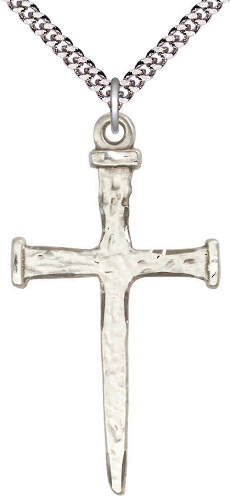 Sterling Silver Nail Cross Pendant on a 24 inch Light Rhodium Heavy Curb chain