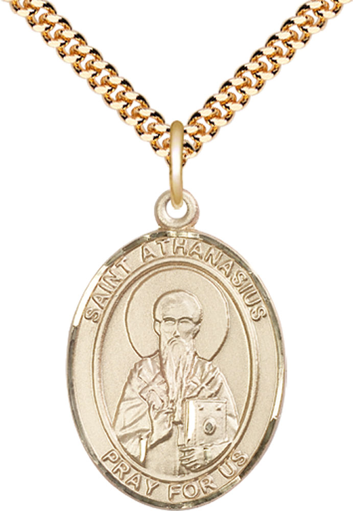 14kt Gold Filled Saint Athanasius Pendant on a 24 inch Gold Plate Heavy Curb chain