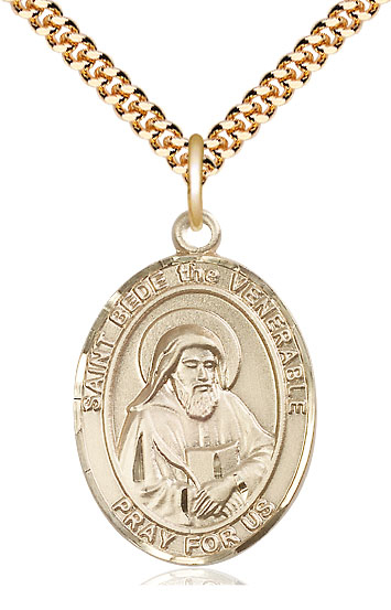 14kt Gold Filled Saint Bede the Venerable Pendant on a 24 inch Gold Plate Heavy Curb chain