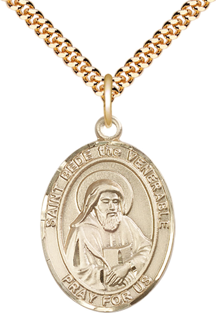 14kt Gold Filled Saint Bede the Venerable Pendant on a 24 inch Gold Plate Heavy Curb chain