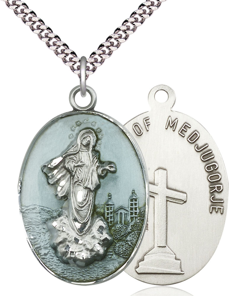 Sterling Silver Medjugorje Pendant on a 24 inch Light Rhodium Heavy Curb chain
