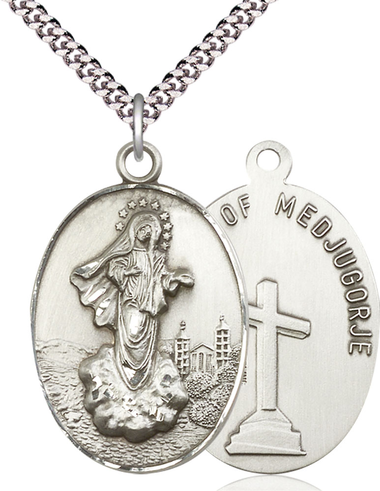 Sterling Silver Our Lady of Medugorje Pendant on a 24 inch Light Rhodium Heavy Curb chain