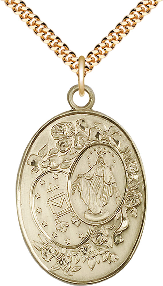 14kt Gold Filled Miraculous Pendant on a 24 inch Gold Plate Heavy Curb chain