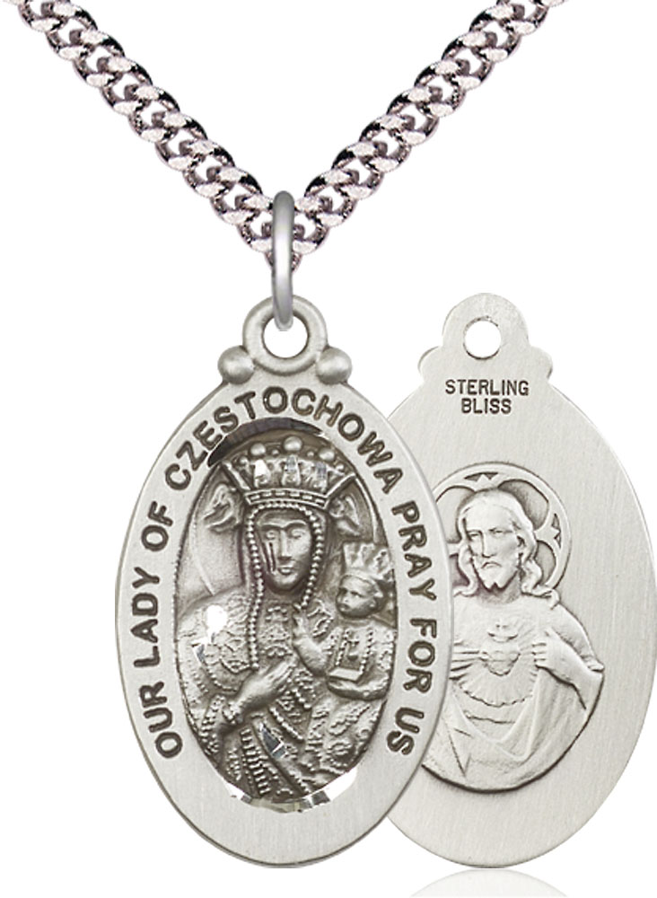 Sterling Silver Our Lady of Czestochowa Pendant on a 24 inch Light Rhodium Heavy Curb chain