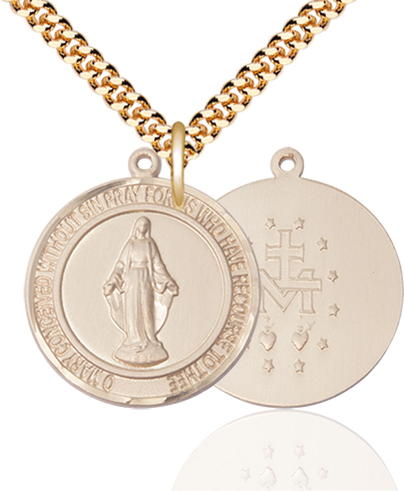 14kt Gold Filled Miraculous Pendant on a 24 inch Gold Plate Heavy Curb chain