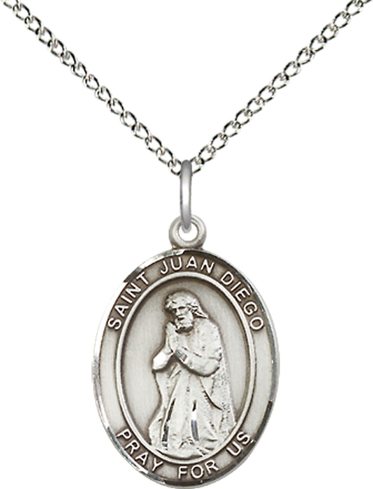 Sterling Silver Saint Juan Diego Pendant on a 18 inch Sterling Silver Light Curb chain