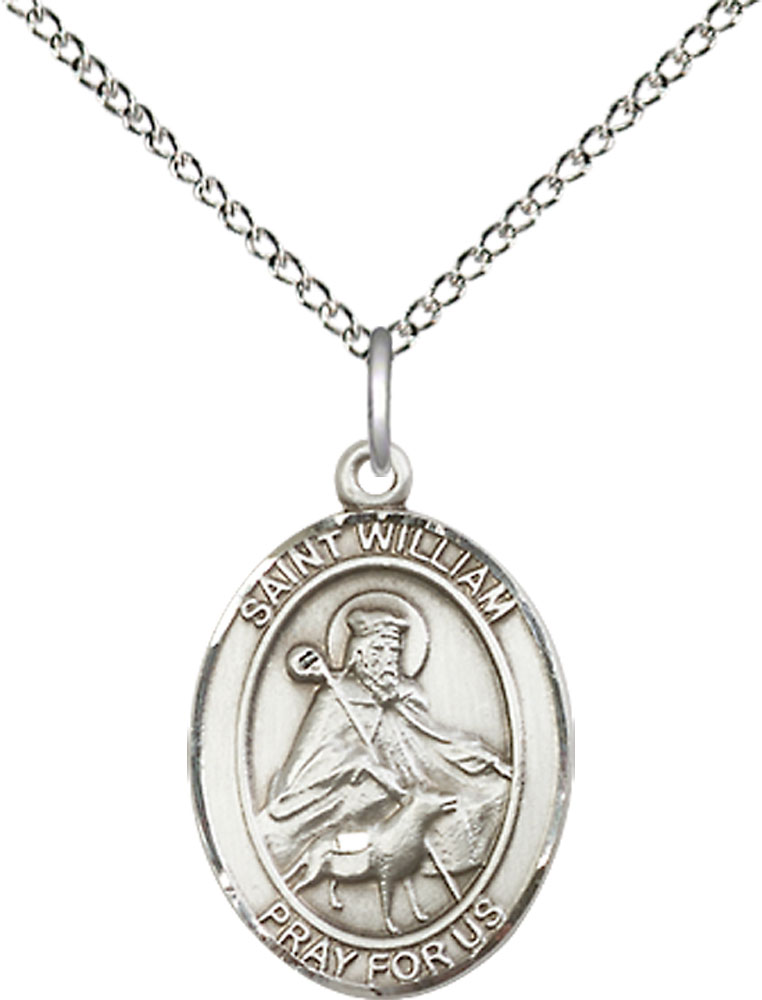 Sterling Silver Saint William of Rochester Pendant on a 18 inch Sterling Silver Light Curb chain