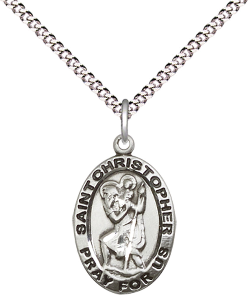 Sterling Silver Saint Christopher Pendant on a 18 inch Light Rhodium Light Curb chain