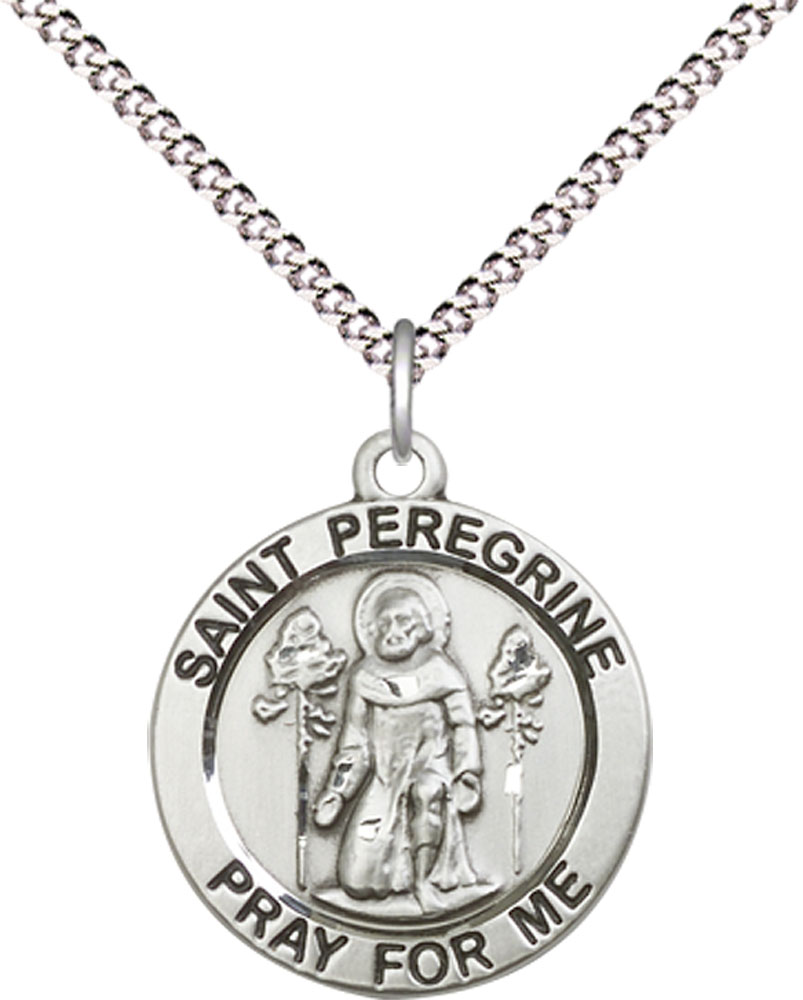 Sterling Silver Saint Peregrine Pendant on a 18 inch Light Rhodium Light Curb chain