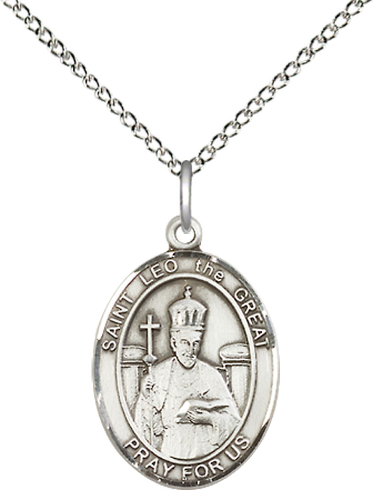 Sterling Silver Saint Leo the Great Pendant on a 18 inch Sterling Silver Light Curb chain