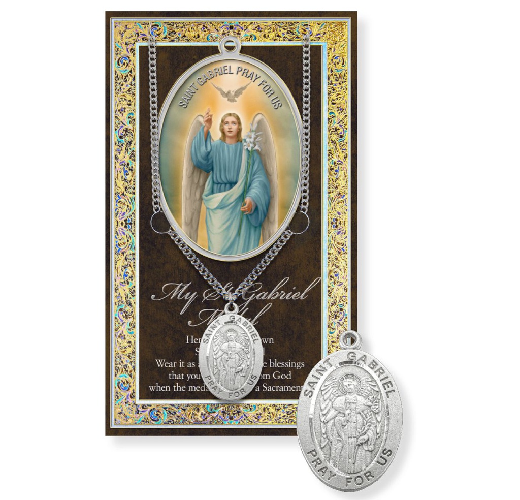 St. Gabriel Genuine Pewter Medal on a 24&quot; Chain with Biography and Picture Folder