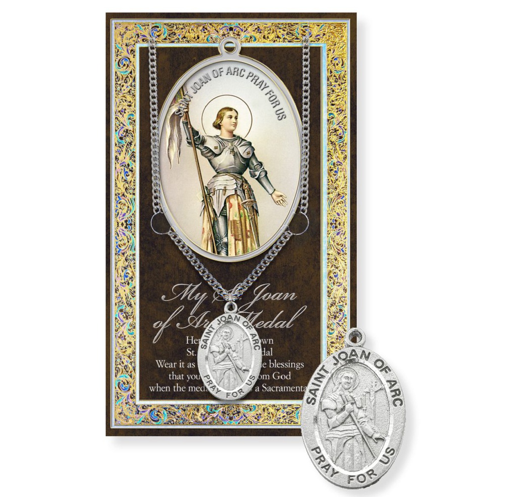 St. Joan of Arc Genuine Pewter Medal on a 24&quot; Chain with Biography and Picture Folder