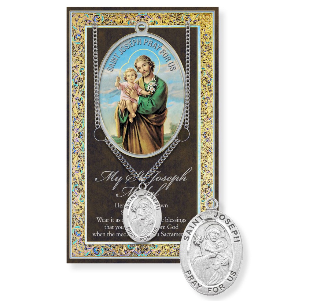 Saint Joseph Genuine Pewter Medal on a 24" Chain with Biography and Picture Folder 
