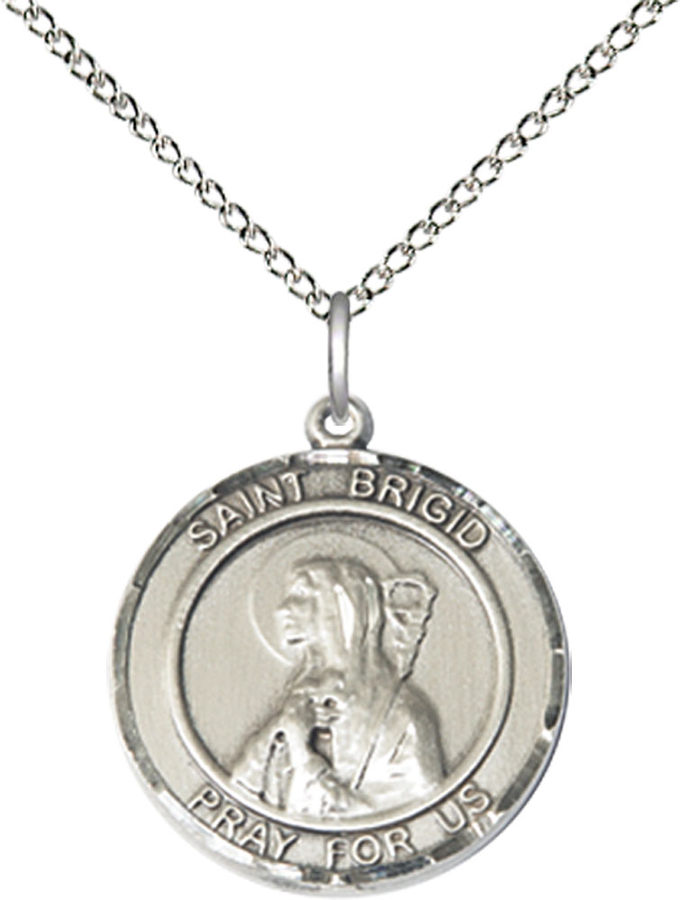 Sterling Silver Saint Brigid of Ireland Pendant on a 18 inch Sterling Silver Light Curb chain