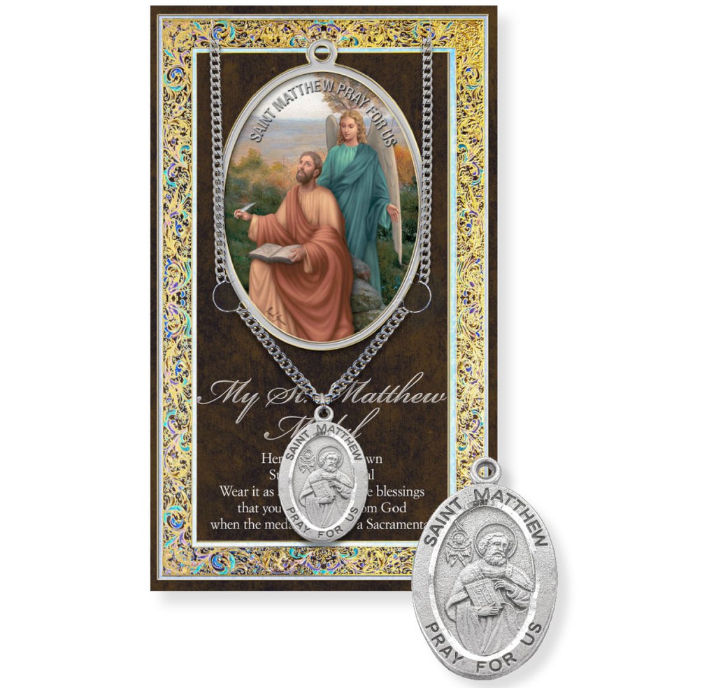 St. Matthew Genuine Pewter Medal on a 24&quot; Chain with Biography and Picture Folder
