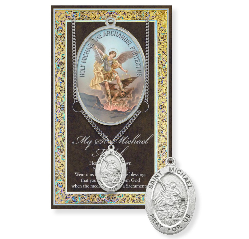 St. Michael w/Chain Genuine Pewter Medal on a 24&quot; Ch. /Bio. &amp; Picture Folder