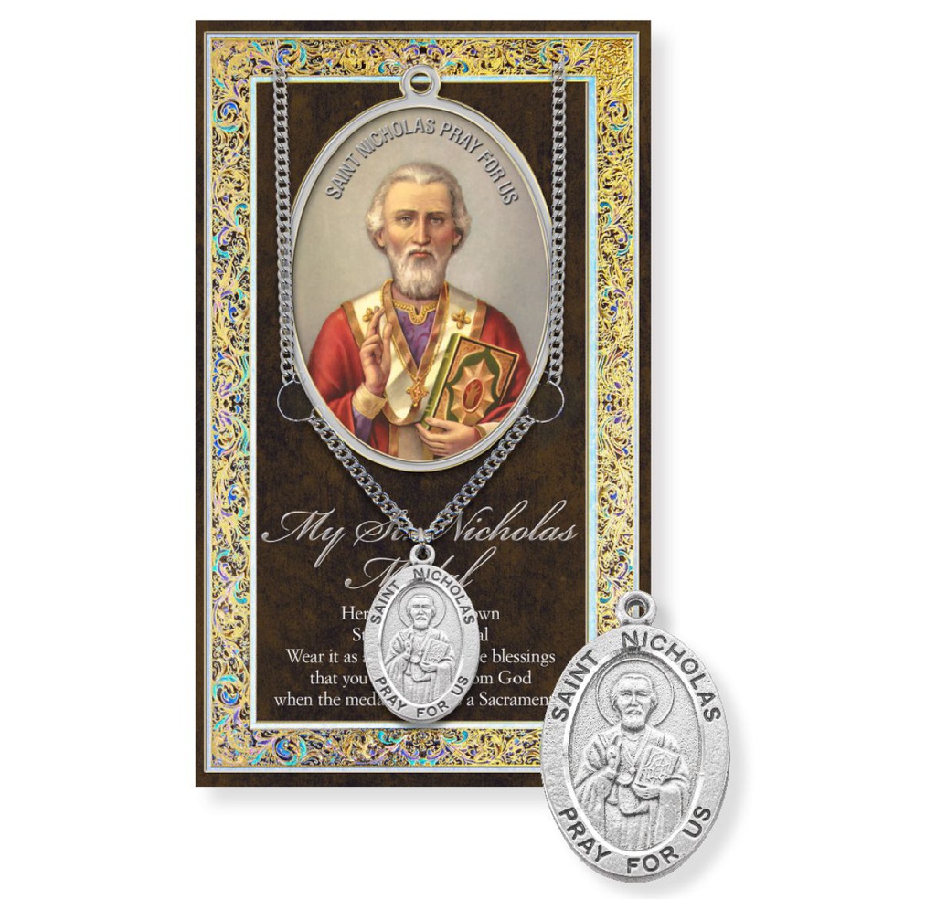 St. Nicholas Genuine Pewter Medal on a 24" Chain with Biography and Picture Folder