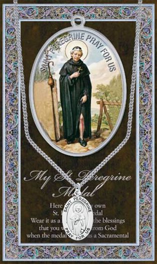 St. Peregrine Genuine Pewter Medal on a 24&quot; Chain with Biography and Picture Folder
