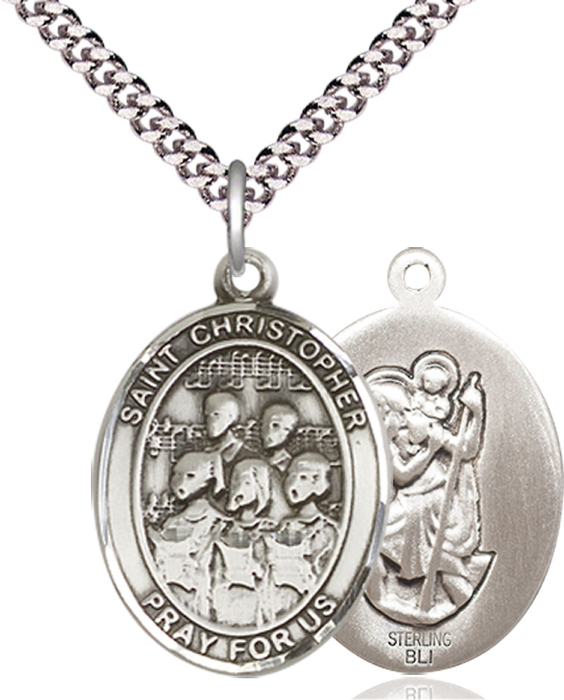Sterling Silver Saint Christopher Choir Pendant on a 24 inch Light Rhodium Heavy Curb chain