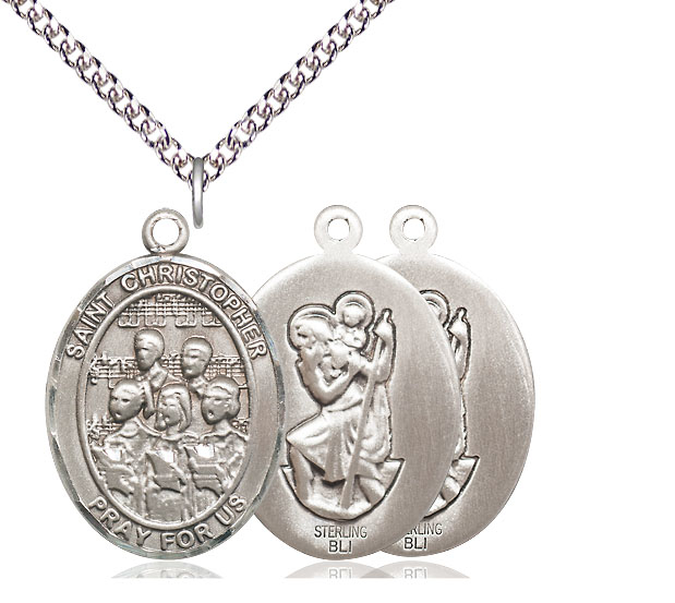 Sterling Silver Saint Christopher Choir Pendant on a 24 inch Sterling Silver Heavy Curb chain