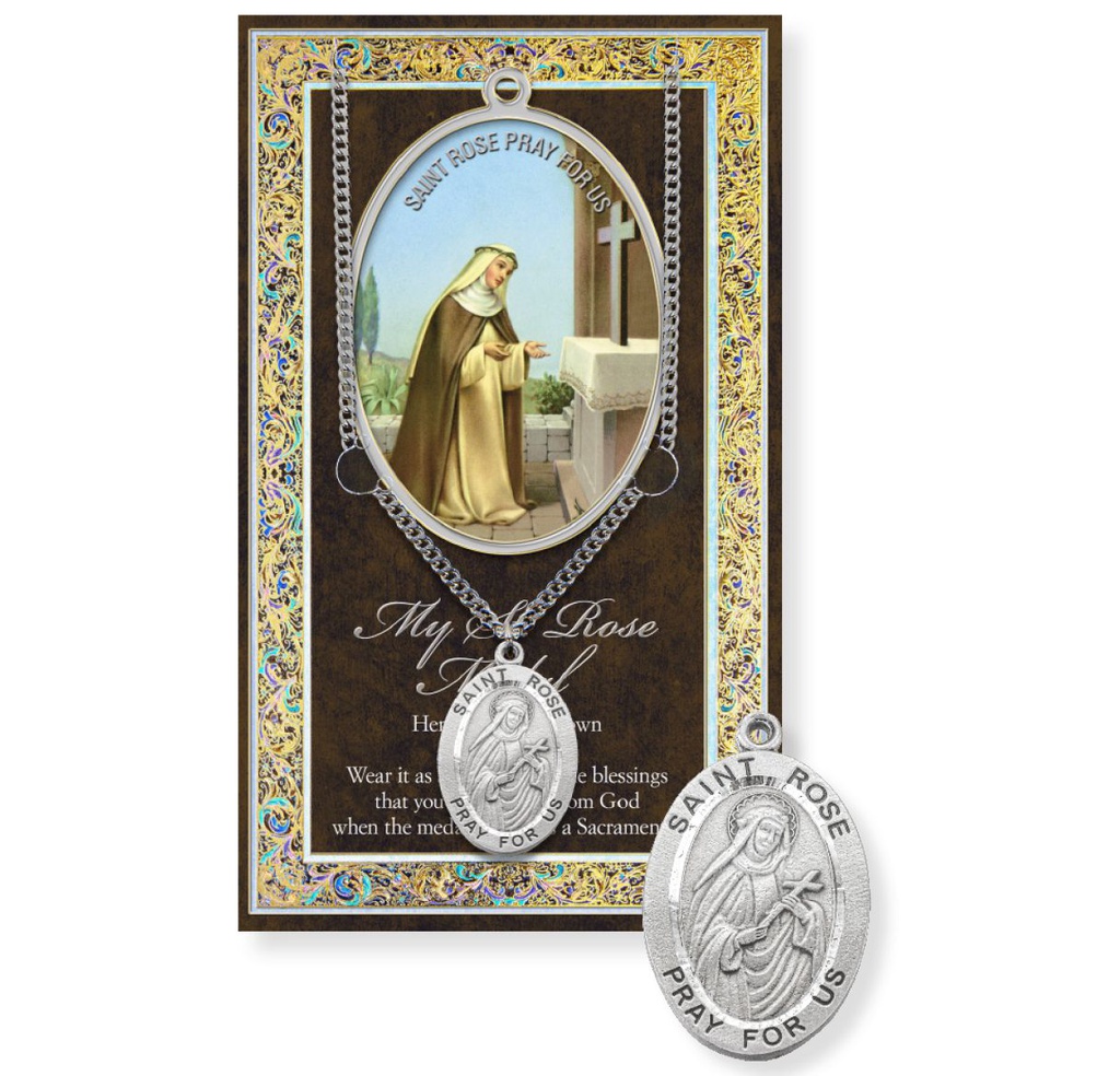 St. Rose Genuine Pewter Medal on a 24&quot; Chain with Biography and Picture Folder