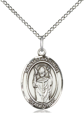 Sterling Silver Saint Stanislaus Pendant on a 18 inch Sterling Silver Light Curb chain