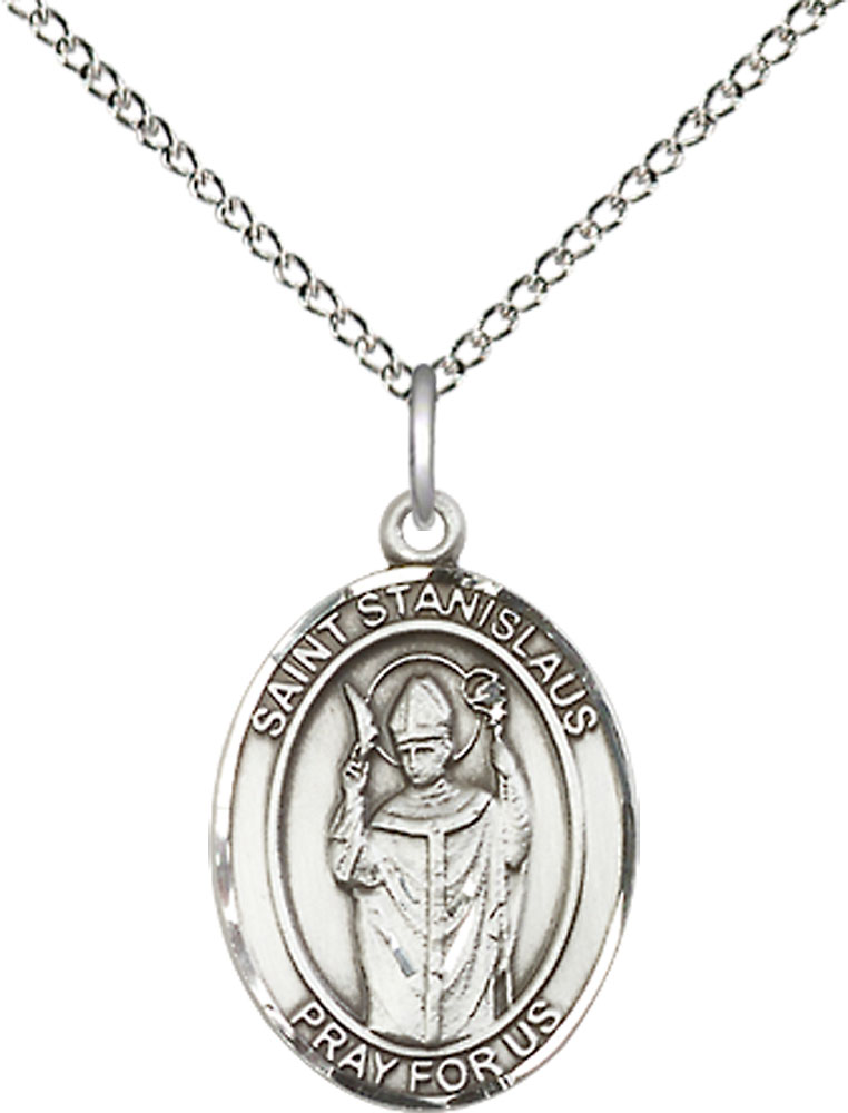 Sterling Silver Saint Stanislaus Pendant on a 18 inch Sterling Silver Light Curb chain