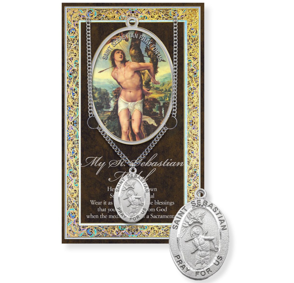 St. Sebastian Pewter Medal on 24&quot; Chain w/Biography and Picture Folder