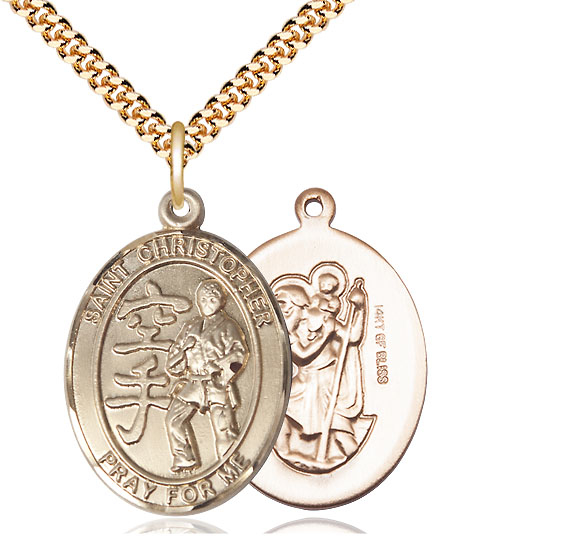 14kt Gold Filled Saint Christopher Karate Pendant on a 24 inch Gold Plate Heavy Curb chain