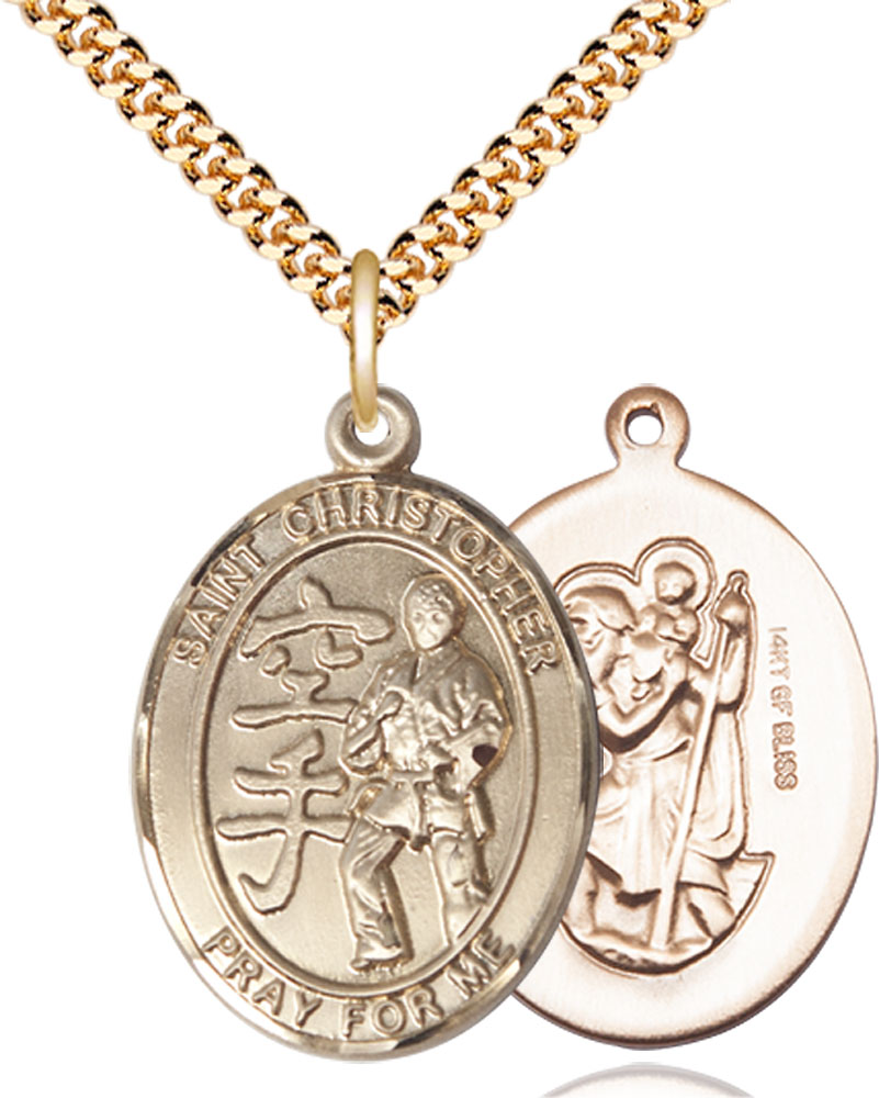 14kt Gold Filled Saint Christopher Karate Pendant on a 24 inch Gold Plate Heavy Curb chain