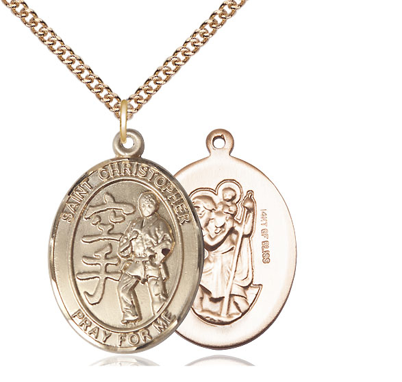 14kt Gold Filled Saint Christopher Karate Pendant on a 24 inch Gold Filled Heavy Curb chain