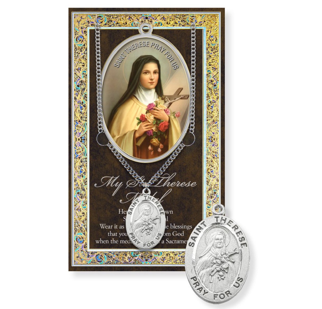 St. Therese Genuine Pewter Medal on a 24&quot; Chain w/Bio. and Picture Folder