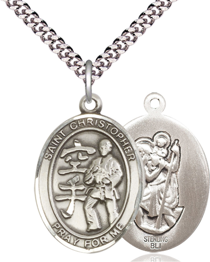 Sterling Silver Saint Christopher Karate Pendant on a 24 inch Light Rhodium Heavy Curb chain