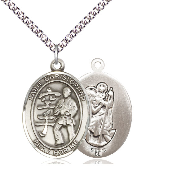 Sterling Silver Saint Christopher Karate Pendant on a 24 inch Sterling Silver Heavy Curb chain