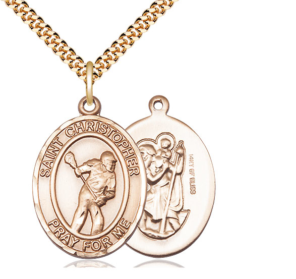 14kt Gold Filled Saint Christopher Lacrosse Pendant on a 24 inch Gold Plate Heavy Curb chain